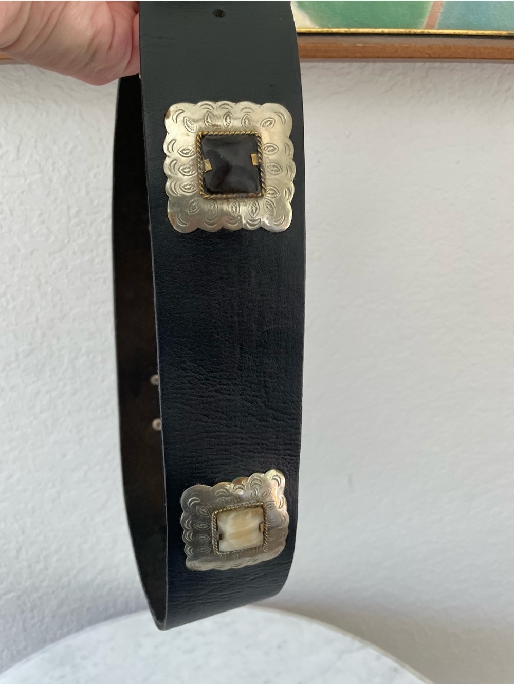 Vintage Silver Tone Concho Black Leather Bone Inlay Belt Engraved Western Belt - Picture 6 of 10